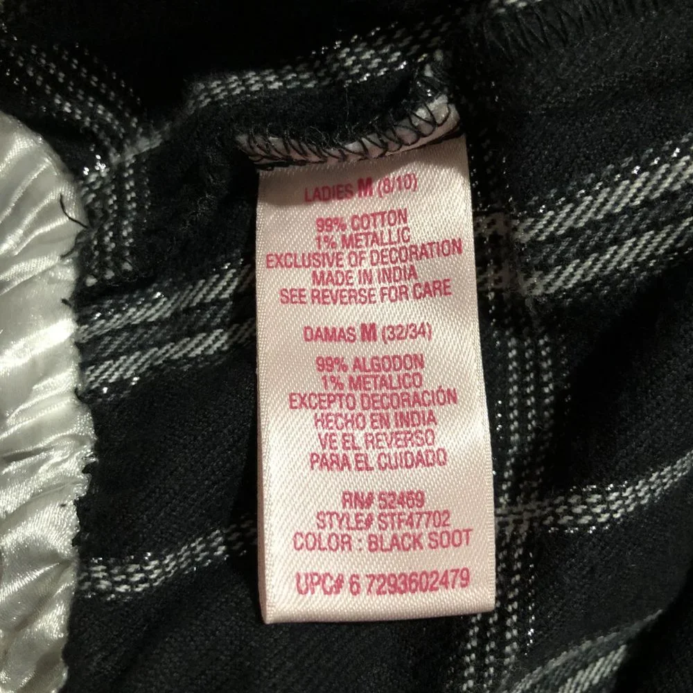 Vintage SecreTreasures Black Cotton Pajama Bottom w/ Glitter Silver Checks SZ M - Picture 7 of 8